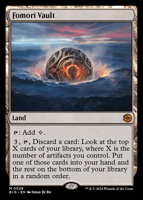 {T}: Add {C}.
{3}, {T}, Discard a card: Look at the top X cards of your library, where X is the number of artifacts you control. Put one of those cards into your hand and the rest on the bottom of your library in a random order.