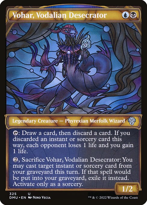 {T}: Draw a card, then discard a card. If you discarded an instant or sorcery card this way, each opponent loses 1 life and you gain 1 life.
{2}, Sacrifice Vohar, Vodalian Desecrator: You may cast target instant or sorcery card from your graveyard this turn. If that spell would be put into your graveyard, exile it instead. Activate only as a sorcery.