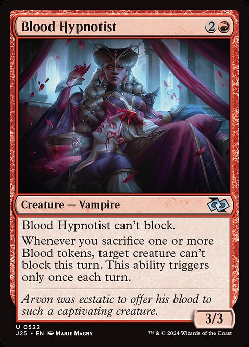Blood Hypnotist can't block.
Whenever you sacrifice one or more Blood tokens, target creature can't block this turn. This ability triggers only once each turn.