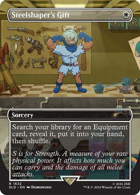 Search your library for an Equipment card, reveal that card, put it into your hand, then shuffle.