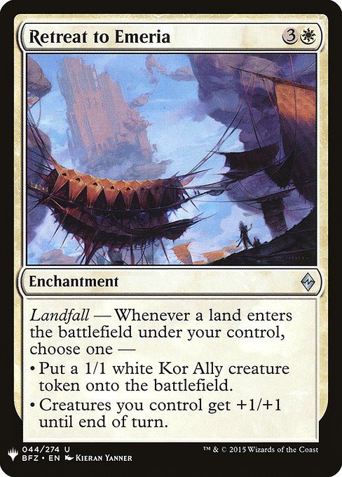 Landfall — Whenever a land enters the battlefield under your control, choose one —
• Create a 1/1 white Kor Ally creature token.
• Creatures you control get +1/+1 until end of turn.