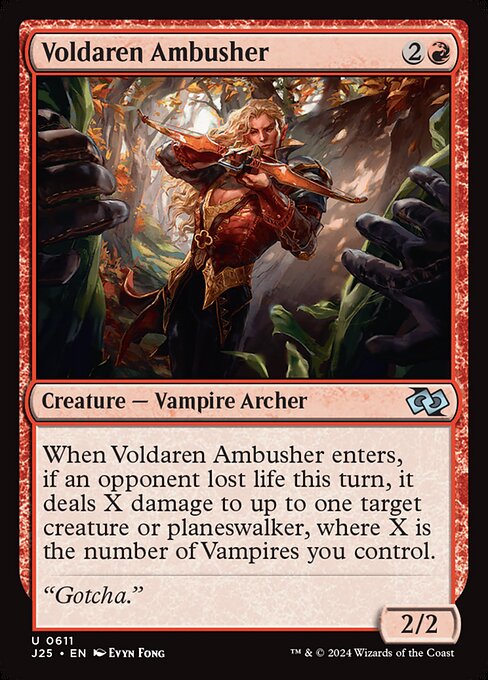 When Voldaren Ambusher enters, if an opponent lost life this turn, it deals X damage to up to one target creature or planeswalker, where X is the number of Vampires you control.