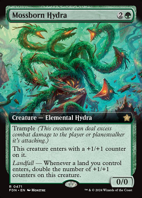 Trample (This creature can deal excess combat damage to the player or planeswalker it's attacking.)
This creature enters with a +1/+1 counter on it.
Landfall — Whenever a land you control enters, double the number of +1/+1 counters on this creature.