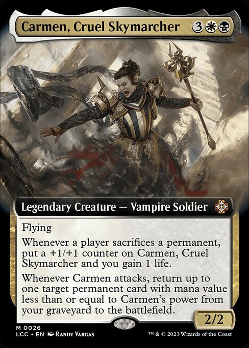 Flying
Whenever a player sacrifices a permanent, put a +1/+1 counter on Carmen and you gain 1 life.
Whenever Carmen attacks, return up to one target permanent card with mana value less than or equal to Carmen's power from your graveyard to the battlefield.