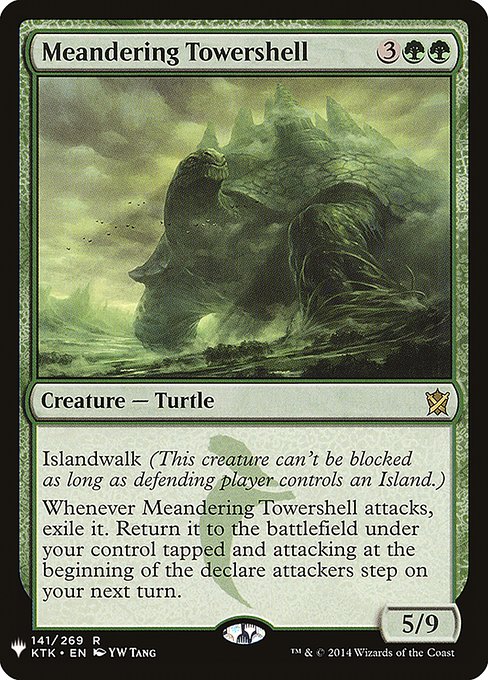 Islandwalk (This creature can't be blocked as long as defending player controls an Island.)
Whenever Meandering Towershell attacks, exile it. Return it to the battlefield under your control tapped and attacking at the beginning of the declare attackers step on your next turn.
