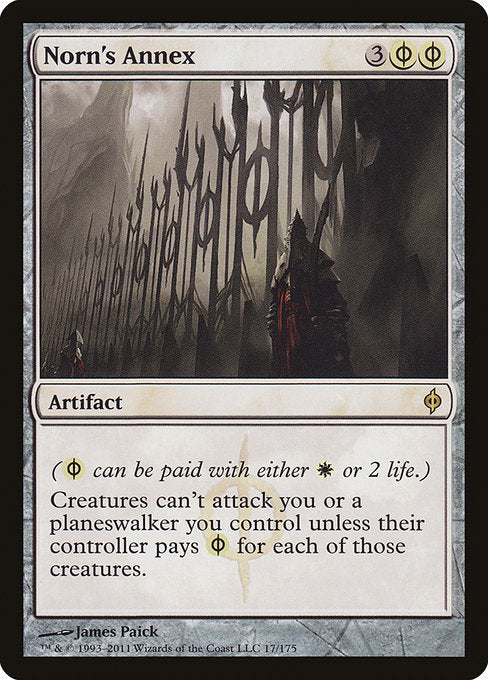 ({W/P} can be paid with either {W} or 2 life.)
Creatures can't attack you or planeswalkers you control unless their controller pays {W/P} for each of those creatures.