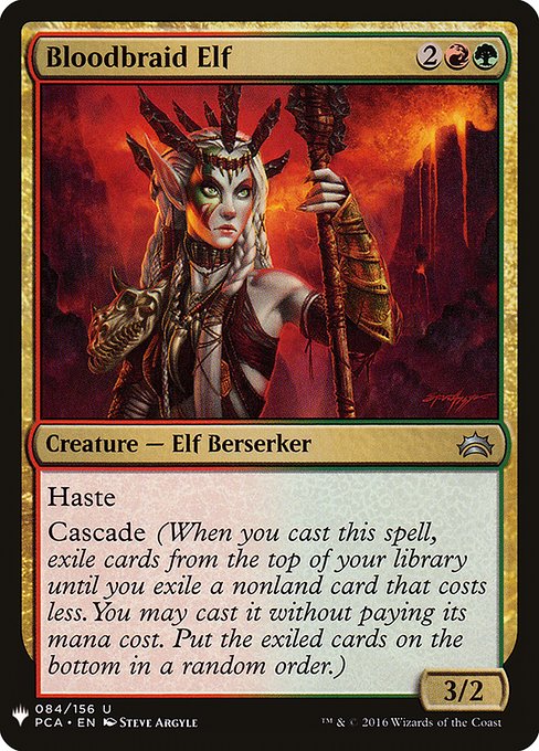 Haste
Cascade (When you cast this spell, exile cards from the top of your library until you exile a nonland card that costs less. You may cast it without paying its mana cost. Put the exiled cards on the bottom in a random order.)