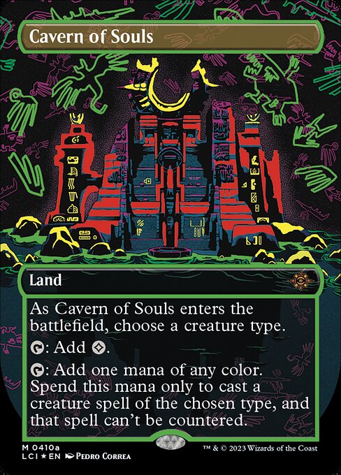 As Cavern of Souls enters the battlefield, choose a creature type.
{T}: Add {C}.
{T}: Add one mana of any color. Spend this mana only to cast a creature spell of the chosen type, and that spell can't be countered.
