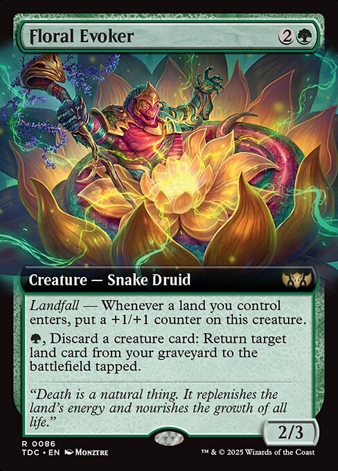 Landfall — Whenever a land you control enters, put a+1/+1 counter on this creature.
{G}, Discard a creature card: Return target land card from your graveyard to the battlefield tapped.