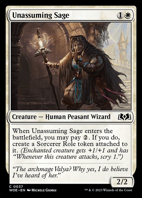 When Unassuming Sage enters the battlefield, you may pay {2}. If you do, create a Sorcerer Role token attached to it. (Enchanted creature gets +1/+1 and has "Whenever this creature attacks, scry 1.")