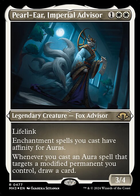 Lifelink
Enchantment spells you cast have affinity for Auras. (They cost {1} less to cast for each Aura you control.)
Whenever you cast an Aura spell that targets a modified permanent you control, draw a card. (Equipment, Auras you control, and counters are modifications.)