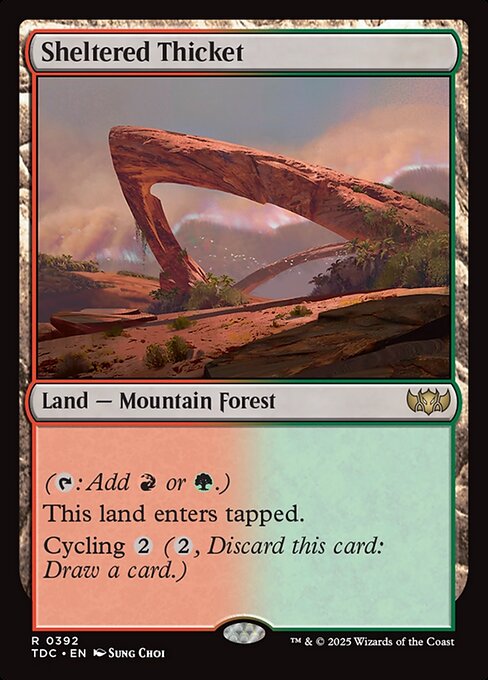 ({T}: Add {R} or {G}.)
This land enters tapped.
Cycling {2} ({2}, Discard this card: Draw a card.)