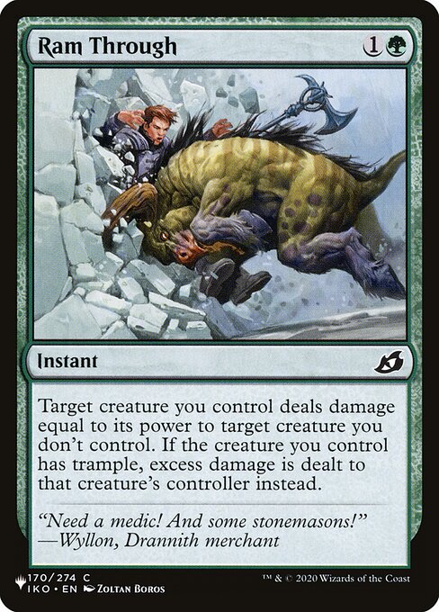 Target creature you control deals damage equal to its power to target creature you don't control. If the creature you control has trample, excess damage is dealt to that creature's controller instead.