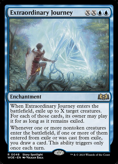 When Extraordinary Journey enters the battlefield, exile up to X target creatures. For each of those cards, its owner may play it for as long as it remains exiled.
Whenever one or more nontoken creatures enter the battlefield, if one or more of them entered from exile or was cast from exile, you draw a card. This ability triggers only once each turn.