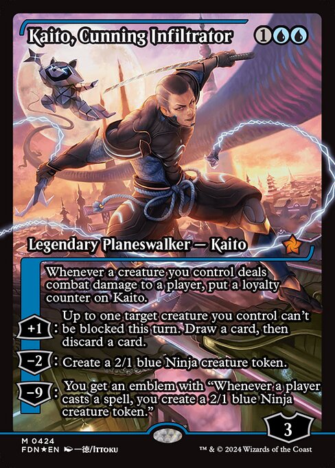 Whenever a creature you control deals combat damage to a player, put a loyalty counter on Kaito.
+1: Up to one target creature you control can't be blocked this turn. Draw a card, then discard a card.
−2: Create a 2/1 blue Ninja creature token.
−9: You get an emblem with "Whenever a player casts a spell, you create a 2/1 blue Ninja creature token."