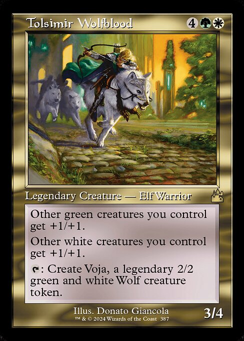 Other green creatures you control get +1/+1.
Other white creatures you control get +1/+1.
{T}: Create Voja, a legendary 2/2 green and white Wolf creature token.