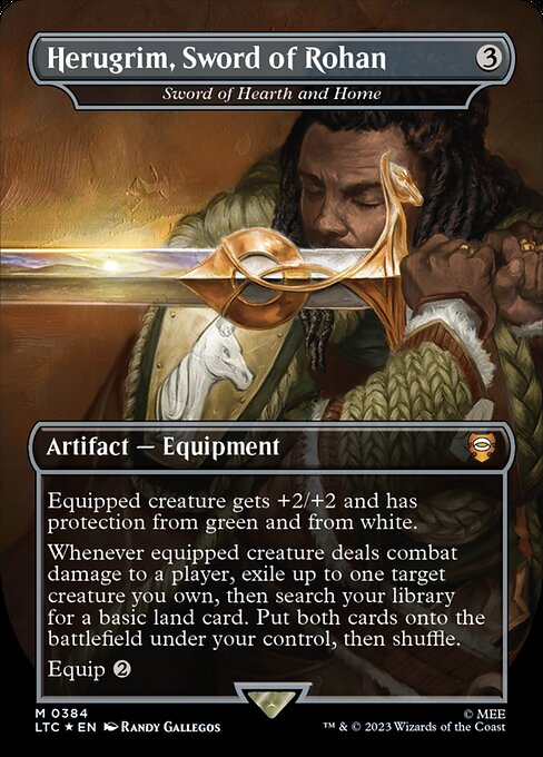 Equipped creature gets +2/+2 and has protection from green and from white.
Whenever equipped creature deals combat damage to a player, exile up to one target creature you own, then search your library for a basic land card. Put both cards onto the battlefield under your control, then shuffle.
Equip {2}