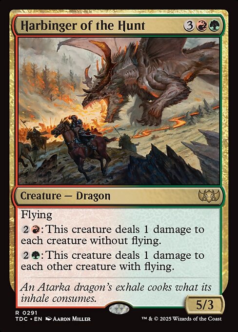 Flying
{2}{R}: This creature deals 1 damage to each creature without flying.
{2}{G}: This creature deals 1 damage to each other creature with flying.