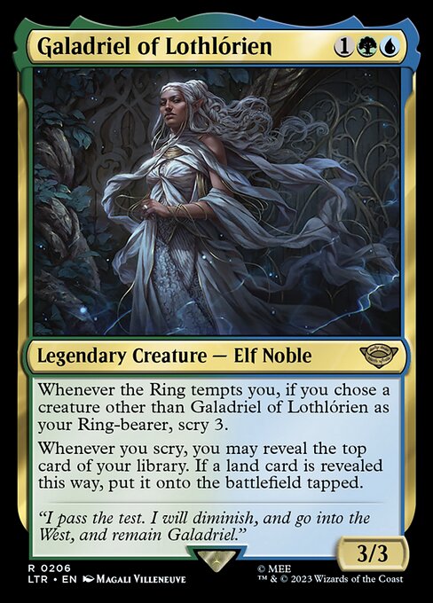Whenever the Ring tempts you, if you chose a creature other than Galadriel of Lothlórien as your Ring-bearer, scry 3.
Whenever you scry, you may reveal the top card of your library. If a land card is revealed this way, put it onto the battlefield tapped.