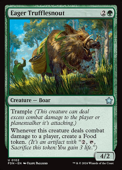 Trample (This creature can deal excess combat damage to the player or planeswalker it's attacking.)
Whenever this creature deals combat damage to a player, create a Food token. (It's an artifact with "{2}, {T} Sacrifice this token: You gain 3 life.")