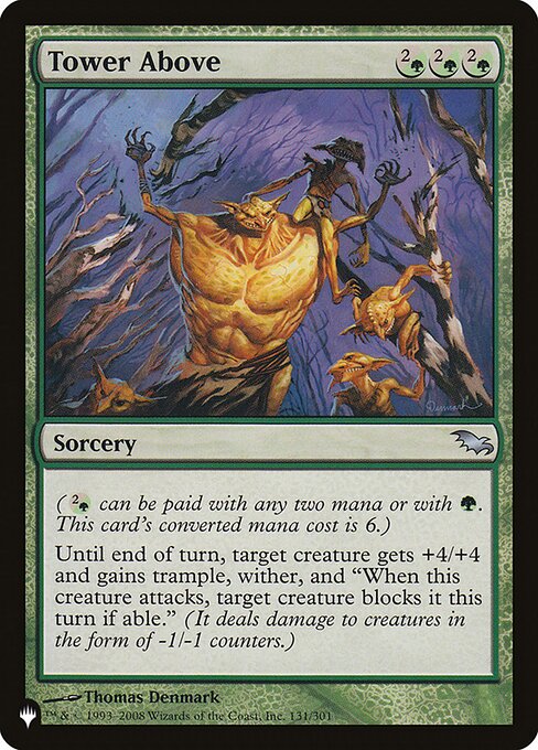 ({2/G} can be paid with any two mana or with {G}. This card's mana value is 6.)
Until end of turn, target creature gets +4/+4 and gains trample, wither, and "When this creature attacks, target creature blocks it this turn if able." (It deals damage to creatures in the form of -1/-1 counters.)
