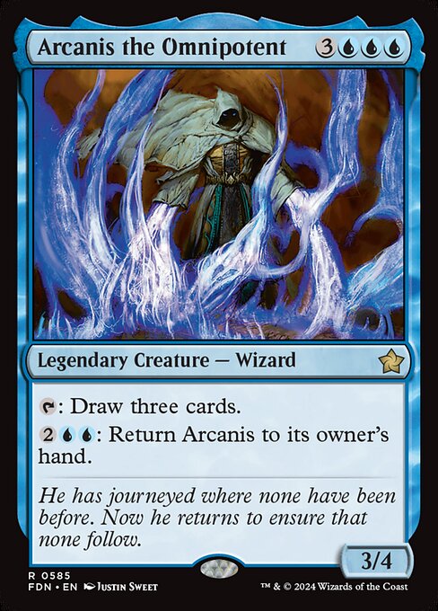 {T}: Draw three cards.
{2}{U}{U}: Return Arcanis to its owner's hand.