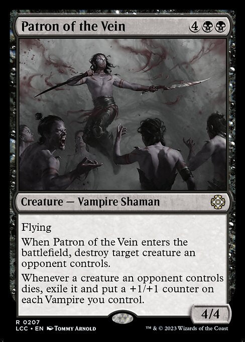 Flying
When this creature enters, destroy target creature an opponent controls.
Whenever a creature an opponent controls dies, exile it and put a +1/+1 counter on each Vampire you control.