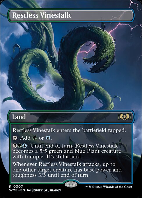 Restless Vinestalk enters the battlefield tapped.
{T}: Add {G} or {U}.
{3}{G}{U}: Until end of turn, Restless Vinestalk becomes a 5/5 green and blue Plant creature with trample. It's still a land.
Whenever Restless Vinestalk attacks, up to one other target creature has base power and toughness 3/3 until end of turn.
