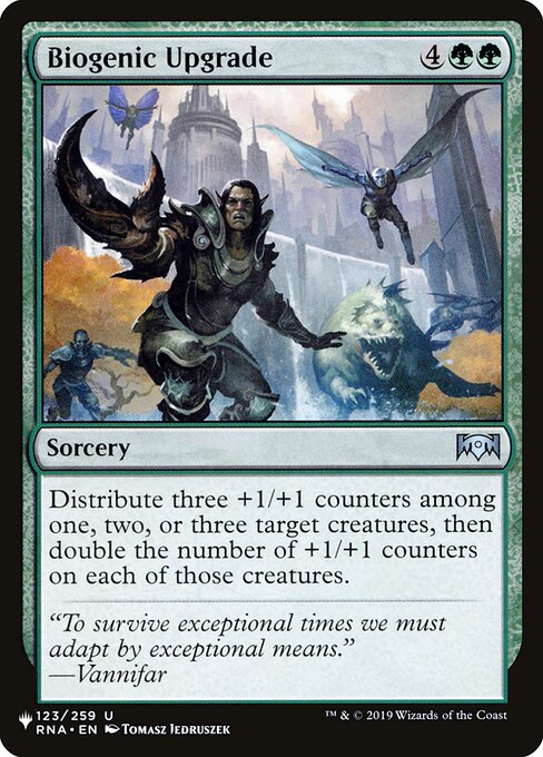 Distribute three +1/+1 counters among one, two, or three target creatures, then double the number of +1/+1 counters on each of those creatures.