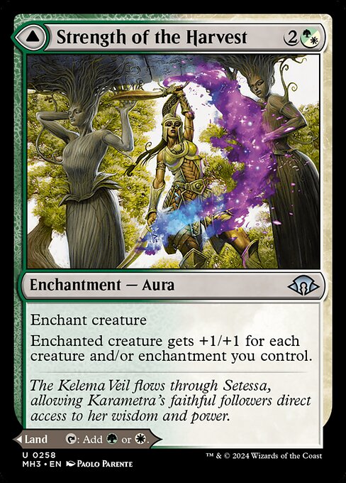 Enchant creature
Enchanted creature gets +1/+1 for each creature and/or enchantment you control.   Haven of the Harvest enters the battlefield tapped.
{T}: Add {G} or {W}.