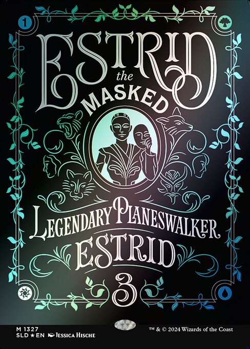 +2: Untap each enchanted permanent you control.
−1: Create a white Aura enchantment token named Mask attached to another target permanent. The token has enchant permanent and umbra armor.
−7: Mill seven cards. Return all non-Aura enchantment cards from your graveyard to the battlefield, then do the same for Aura cards.
Estrid, the Masked can be your commander.   +2: Untap each enchanted permanent you control.
−1: Create a white Aura enchantment token named Mask attached to another target permane