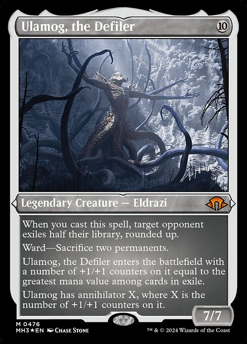 When you cast this spell, target opponent exiles half their library, rounded up.
Ward—Sacrifice two permanents.
Ulamog, the Defiler enters the battlefield with a number of +1/+1 counters on it equal to the greatest mana value among cards in exile.
Ulamog has annihilator X, where X is the number of +1/+1 counters on it.