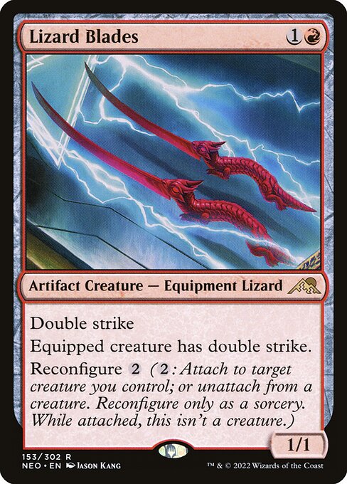 Double strike
Equipped creature has double strike.
Reconfigure {2} ({2}: Attach to target creature you control; or unattach from a creature. Reconfigure only as a sorcery. While attached, this isn't a creature.)