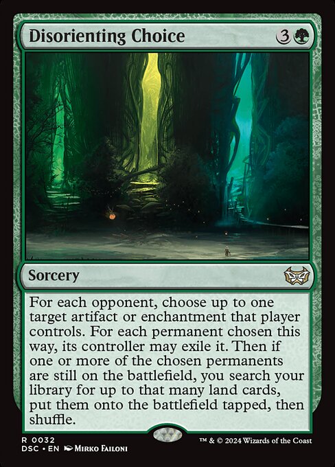 For each opponent, choose up to one target artifact or enchantment that player controls. For each permanent chosen this way, its controller may exile it. Then if one or more of the chosen permanents are still on the battlefield, you search your library for up to that many land cards, put them onto the battlefield tapped, then shuffle.