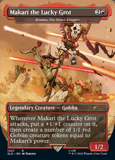 Whenever Krenko, Tin Street Kingpin attacks, put a +1/+1 counter on it, then create a number of 1/1 red Goblin creature tokens equal to Krenko's power.