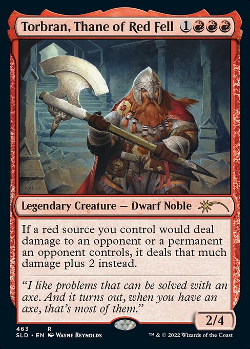 If a red source you control would deal damage to an opponent or a permanent an opponent controls, it deals that much damage plus 2 instead.