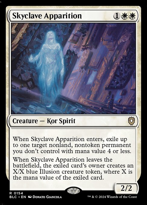 When Skyclave Apparition enters the battlefield, exile up to one target nonland, nontoken permanent you don't control with mana value 4 or less.
When Skyclave Apparition leaves the battlefield, the exiled card's owner creates an X/X blue Illusion creature token, where X is the mana value of the exiled card.