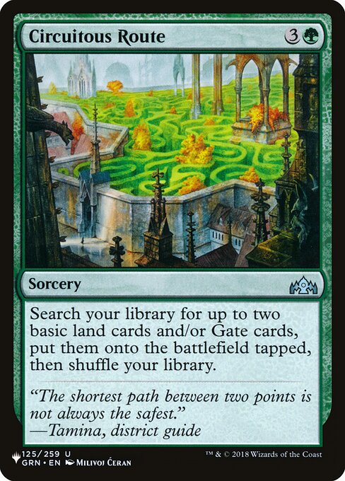 Search your library for up to two basic land cards and/or Gate cards, put them onto the battlefield tapped, then shuffle.