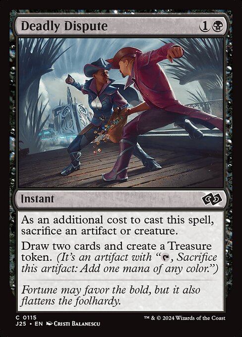 As an additional cost to cast this spell, sacrifice an artifact or creature.
Draw two cards and create a Treasure token. (It's an artifact with "{T}, Sacrifice this artifact: Add one mana of any color.")