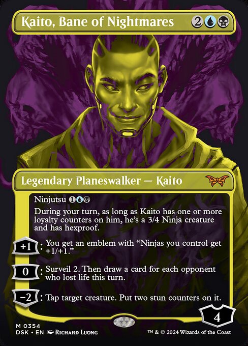 Ninjutsu {1}{U}{B} ({1}{U}{B}, Return an unblocked attacker you control to hand: Put this card onto the battlefield from your hand tapped and attacking.)
During your turn, as long as Kaito has one or more loyalty counters on him, he's a 3/4 Ninja creature and has hexproof.
+1: You get an emblem with "Ninjas you control get +1/+1."
0: Surveil 2. Then draw a card for each opponent who lost life this turn.
−2: Tap target creature. Put two stun counters on it.