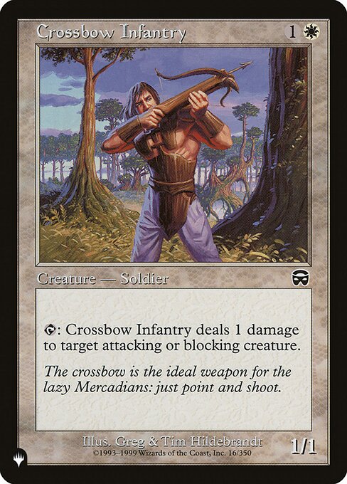 {T}: Crossbow Infantry deals 1 damage to target attacking or blocking creature.