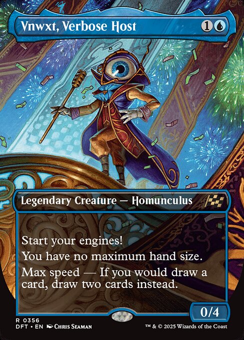 Start your engines! (If you have no speed, it starts at 1. It increases once on each of your turns when an opponent loses life. Max speed is 4.)
You have no maximum hand size.
Max speed — If you would draw a card, draw two cards instead.