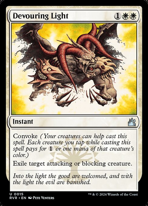 Convoke (Your creatures can help cast this spell. Each creature you tap while casting this spell pays for {1} or one mana of that creature's color.)
Exile target attacking or blocking creature.