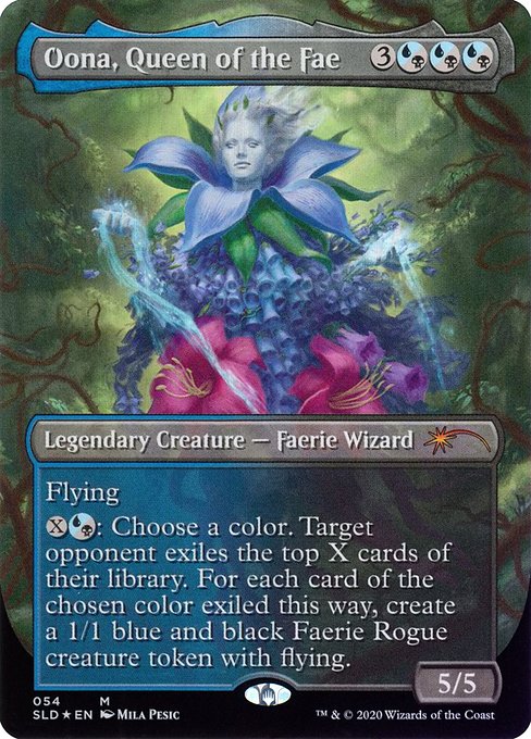Flying
{X}{U/B}: Choose a color. Target opponent exiles the top X cards of their library. For each card of the chosen color exiled this way, create a 1/1 blue and black Faerie Rogue creature token with flying.