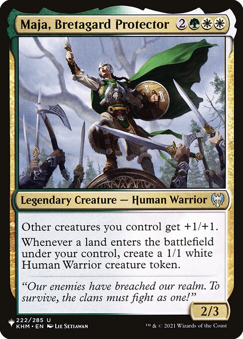 Other creatures you control get +1/+1.
Landfall — Whenever a land you control enters, create a 1/1 white Human Warrior creature token.