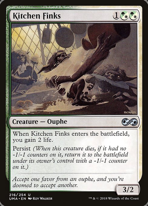 When Kitchen Finks enters the battlefield, you gain 2 life.
Persist (When this creature dies, if it had no -1/-1 counters on it, return it to the battlefield under its owner's control with a -1/-1 counter on it.)