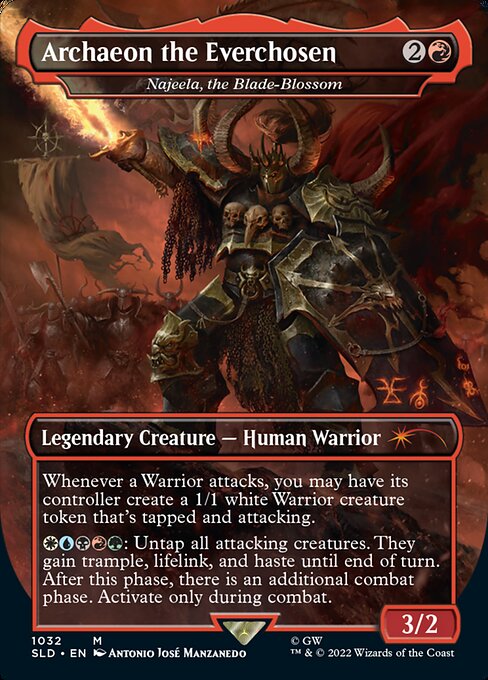 Whenever a Warrior attacks, you may have its controller create a 1/1 white Warrior creature token that's tapped and attacking.
{W}{U}{B}{R}{G}: Untap all attacking creatures. They gain trample, lifelink, and haste until end of turn. After this phase, there is an additional combat phase. Activate only during combat.