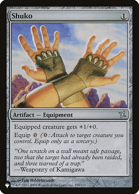 Equipped creature gets +1/+0.
Equip {0} ({0}: Attach to target creature you control. Equip only as a sorcery.)