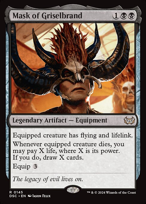 Equipped creature has flying and lifelink.
Whenever equipped creature dies, you may pay X life, where X is its power. If you do, draw X cards.
Equip {3}