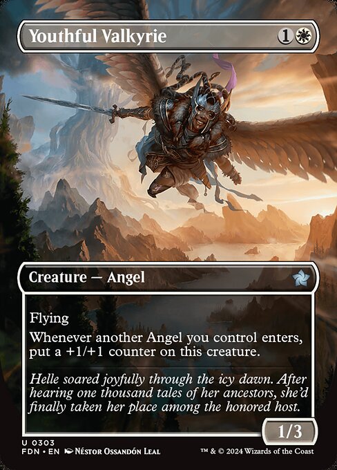 Flying
Whenever another Angel you control enters, put a +1/+1 counter on this creature.
